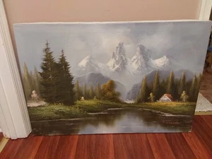 Vintage Original Oil Painting Mountain Lake Forest Landscape Trees Signed  - Picture 1 of 10