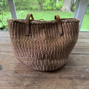 Bolso de Mano Vintage Tejido Africano de Sisal Cartera Correas de Cuero Púrpura Kenia - Imagen 1 de 15