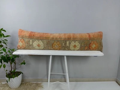 12x48 Kilim Lumbar Pillow - Long Turkish Bolster Cushion - Orange Brown Decor - Image 1 of 4