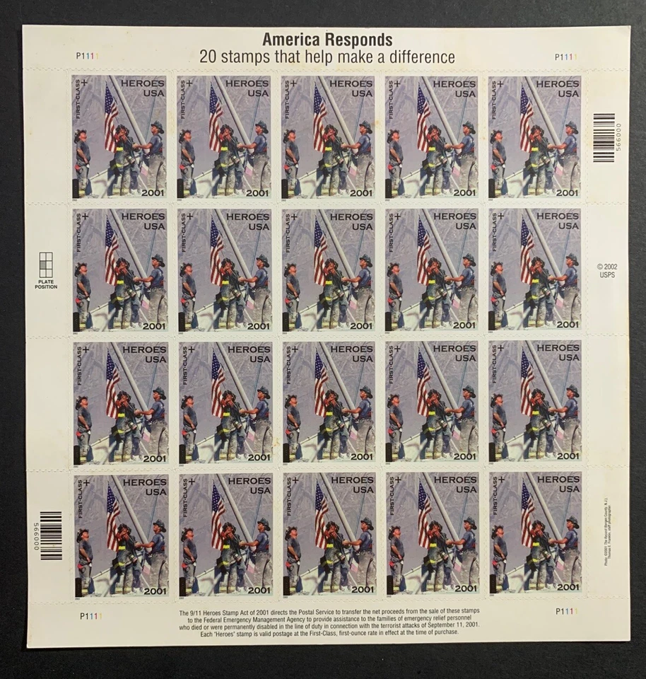 US Scott #B2. 34¢ Semi Postal, Heroes of 2001, Sheet of 20 MNH - Image 1 of 1