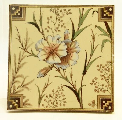 = 1887-1888 T. G. & F. Booth Aesthetic Movement English Victorian Tile w Flowers - Image 1 of 4