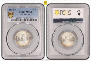 SAN MARINO SILBER 5 LIRE UNZ MÜNZE 1938 JAHR KM#9 GRADING PCGS MS64 - Bild 1 von 3