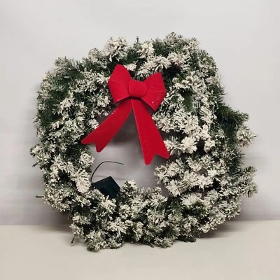 Christmas Wreath 22" Green White Snow Flocked Bow LED Lights Battery Operated - Image 1 of 4