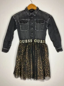 Guess Girls Size 8 Denim and Sheer Multilayer Leopard Black Gold Logo Dress - Picture 1 of 12