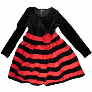 George Girls Red Black Velour Stripe Long Sleeve Holiday Party Dress - Picture 1 of 1