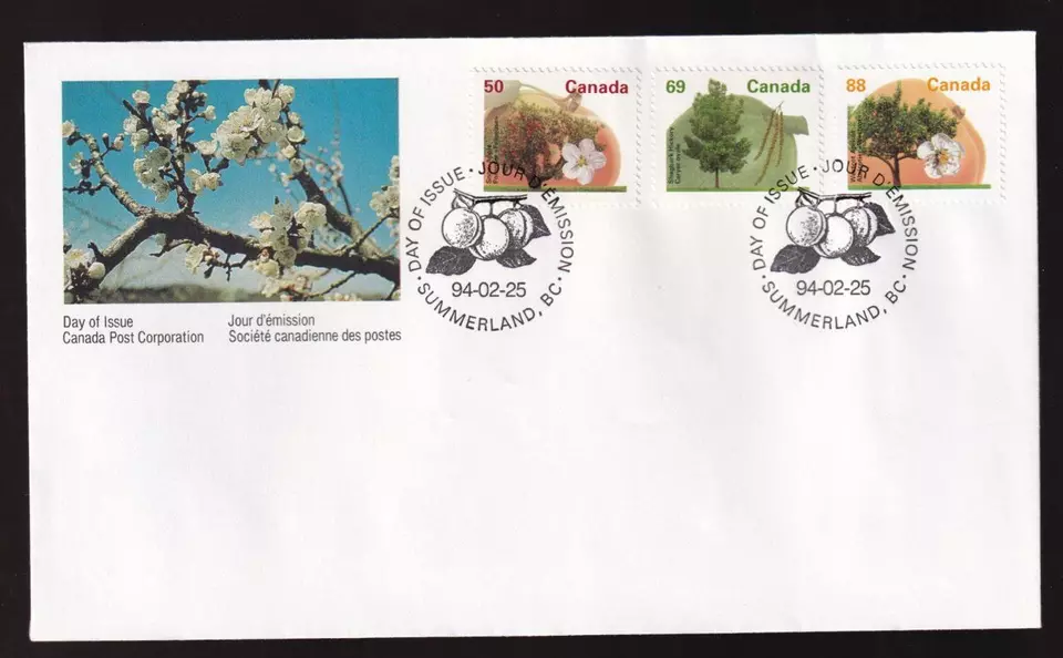Canada FDC 1994 Fruit Tree definitives 50/69/88¢, sc#1365/1369/1373 - Image 1 of 1