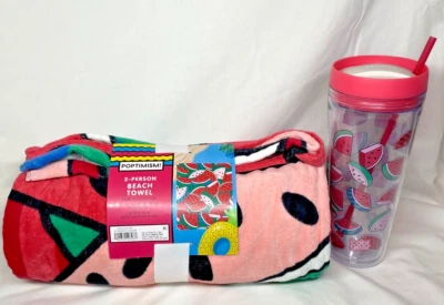 Toalla de playa para 2 personas sandía 56 x 72 con vaso de bebida a juego 32 oz suave Foto 1 de 4