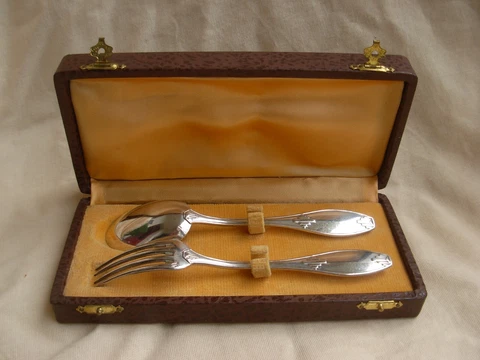 ANTIQUE FRENCH STERLING SILVER CHILD SPOON & FORK,ART DECO Cover