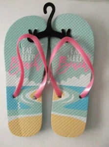 Women's Flip Flops With Print On Slippers " EAT, SLEEP, BEACH" Size 7/8 M - Picture 1 of 5