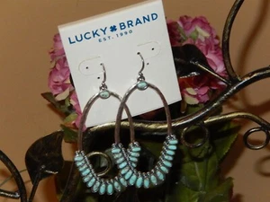 LUCKY BRAND TURQUOISE SILVER-TONE HAMMERED MAJOR DROP HOOP EARRINGS $35 NWT - Picture 1 of 3