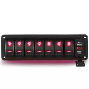 7 Gang Red LED Rocker Switch Panel Toggle Dash 5 Pin ON/Off Pre-Wired Waterproof - Picture 1 of 7