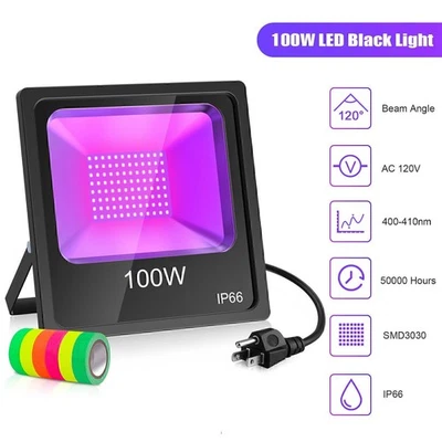 LED Black Lights 100W For Party Body Paint Purple Flood Light (10ft US Plug ) - Image 1 of 4