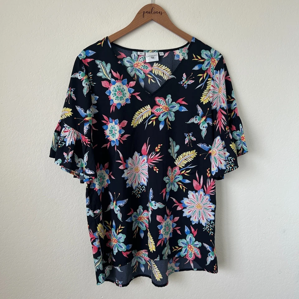 Junarose Top Womens 14 Black Allover Floral Print Short Ruffle Sleeve Blouse - Image 1 of 4