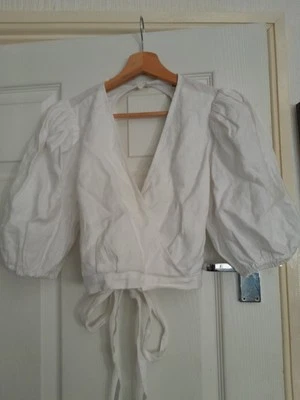 Top corto Reformation escote en V manga corta hinchada boho 100% lino talla s Foto 1 de 4