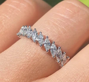 1.5Ct Created Diamond Marquise Cut Half Eternity Band Ring 14k White Gold Finish - Picture 1 of 4