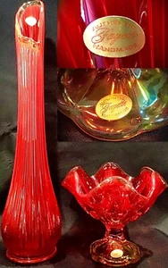 {FAYETTE/LE SMITH}Combo-16” RED/AMBERINA Glass Vase + Handkerchief Bowl w/DECALS - Picture 1 of 13