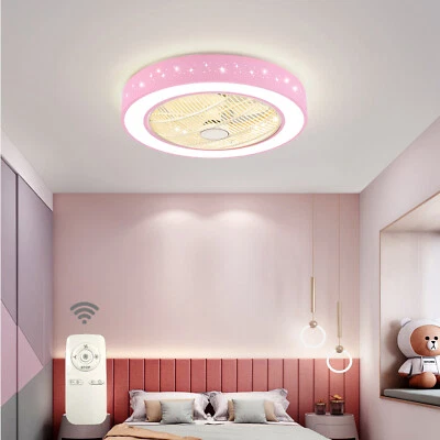Pink Modern LED Ceiling Fan Light Kids Girls Room Bed Room Pendant Lamp w/Remote - Image 1 of 4