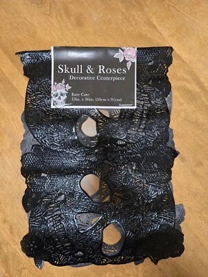 Skull & Roses Decorative Table Runner, Black Vinyl Centerpiece 3' L X 13" W New - Image 1 of 4