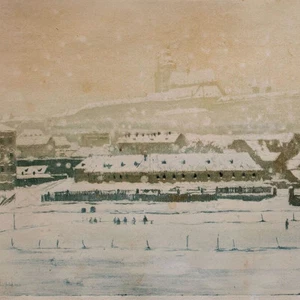 Jaroslav Skrebek Praga Invierno Vista histórica firmada grabado en color 1923 - Imagen 1 de 3