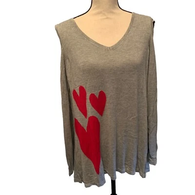 Live And Let Live Top Womens XL Tunic Gray Red Hearts Cold Shoulder Long Sleeve - Image 1 of 4