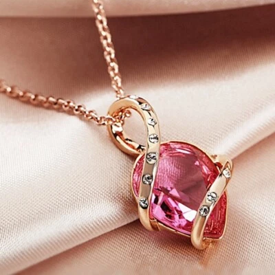 18K Rose Gold GF Made With Swarovski Crystal Pink Teardrop Crossover Necklace - Image 1 of 4