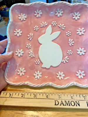 Pfaltzgraff Easter Bunny Rabbit 8.5 inch Square Plate Pink White Flowers NEW
