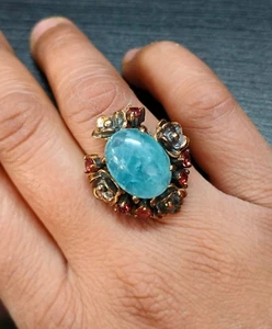 Natural Aquamarine Ring 925 Sterling Silver Garnet Gold Plated Jewelry Gift Wife - Picture 1 of 5