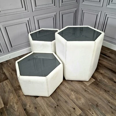 Vintage Mid Century Modern Set Of 3 Tables White Leather Hexagonal Smoked Glass - Image 1 of 4