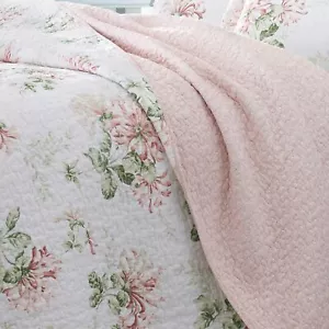 NEW ~ COZY SHABBY CHIC COUNTRY SOFT WHITE SAGE GREEN PINK FLOWER LEAF QUILT SET - Picture 1 of 4
