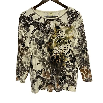 Jess Jane TShirt Womens XL Cheetah All Over Print Long Sleeve Cotton Artsy Top - Image 1 of 4