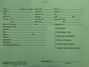 Vehicle Deal Envelopes Deal Jackets (100/pack) (Green) (W4) - Picture 1 of 5