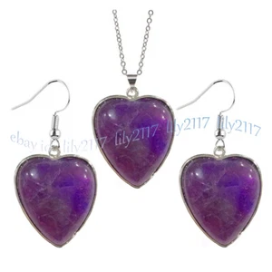 Natural Purple Amethyst Heart Pendant Silver Chain Necklace Earrings Set 17'' - Picture 1 of 9