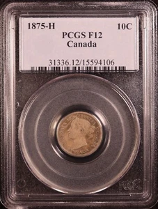 1875-H Canada 10 Cents Silver Dime - PCGS F12 - Very Rare KEY Date! Attractive - Picture 1 of 7