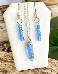 Damen Echt Hellblau Strand Glas Halskette & Ohrring Set 18" Silber Schmuck - Bild 1 von 5