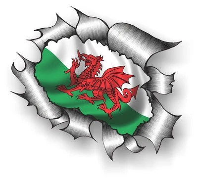 STICKER LICKER LARGE CLASSIC Ripped Torn Metal Rip & Welsh Dragon Wales CYMRU Flag car sticker