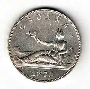 ESPAÑA: 5 Pesetas plata 1870 SN.M. GOBIERNO PROVISIONAL - muy bello - Picture 1 of 5