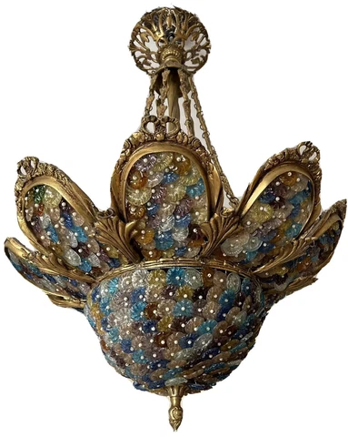 Antique Vintage Bronze Art Deco Nouveau Murano Beaded Flower Basket Chandelier Cover
