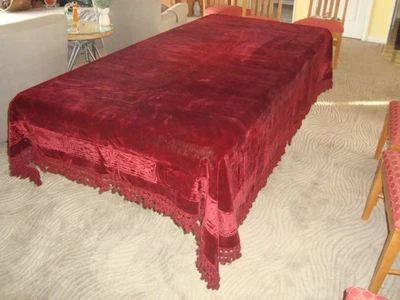 Large Antique Red Velvet Table Cover CHURCH ALTAR COVERLET 100" by 73" - Image 1 of 4