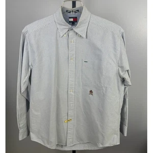 Vintage 90s Tommy Hilfiger Crest Logo Stripe Button Shirt M Long Sleeve Preppy - Picture 1 of 6