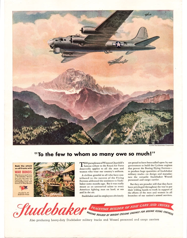 Anuncio impreso de aviones Studebaker 1945 Segunda Guerra Mundial 10" x 14" vintage Foto 1 de 1