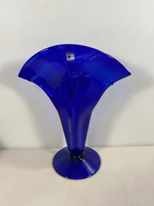 Blenko Cobalt Blue Art Glass Fan Vase - Picture 1 of 7