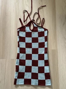 Peppermayo Sweater Mini Dress Checkered Brown Blue Halter Neck Us Size 6 - Picture 1 of 5