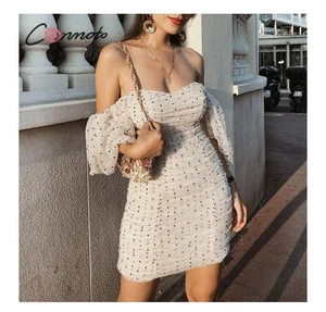 💥Fashion Nova creme & schwarz gepunktetes Kleid Puffärmel Netz Minikleid  - Bild 1 von 13
