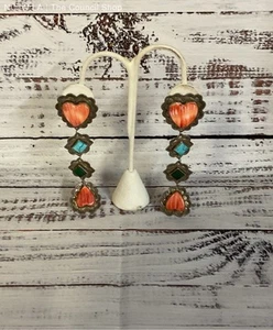 Frank & Brihilda Coriz Sterling Silver Vintage Drop Earrings Coral & Turquoise - Picture 1 of 7
