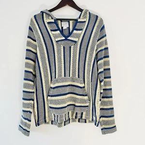 VTG Lucky Brand Baja Hoodie Pullover Sweater Blue Striped Sz Medium Surf Core - Picture 1 of 11