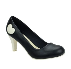 T.U.K. Pump A8554L Schwarz With Cream Puff Heart Anti Pop Heel - Picture 1 of 4