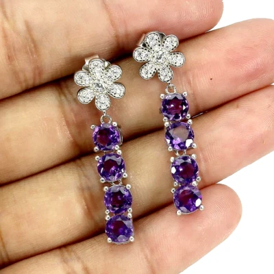 PENDIENTES AMATISTA PÚRPURA NATURAL CON DETALLES DE CIRCONITA CÚBICA BLANCA PLATA DE LEY 925 14K WGP Foto 1 de 3