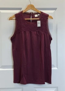 NWT GAP Tuscan Red Burgandy Wine Embroidered Lace Sleeveless Tank Shirt, SMALL - Picture 1 of 20