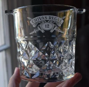 HANDSOME VINTAGE PRESSED FACETED GLASS TWO HANDLED CHIVAS REGAL LOGO ICE BUCKET - Picture 1 of 8