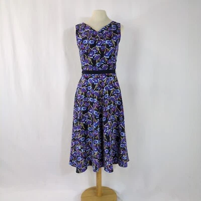 Laura Ashley Silk Floral Dress Linen Belted Side Zip Sleeveless Purple A-line 10 - Image 1 of 4